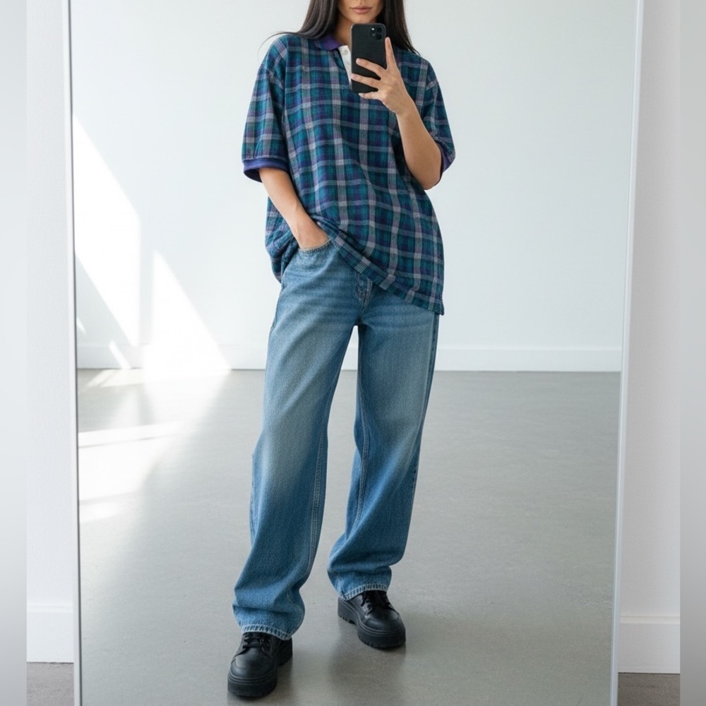 Vintage 90s Duck Head Tour Oversized Plaid Polo Shirt